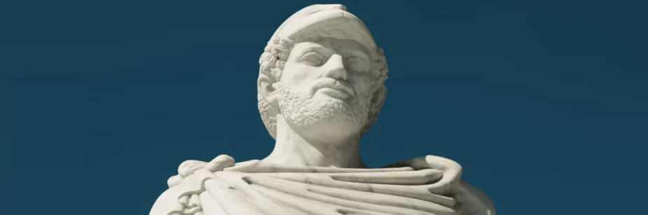 Estátua grega de Péricles sob fundo azul